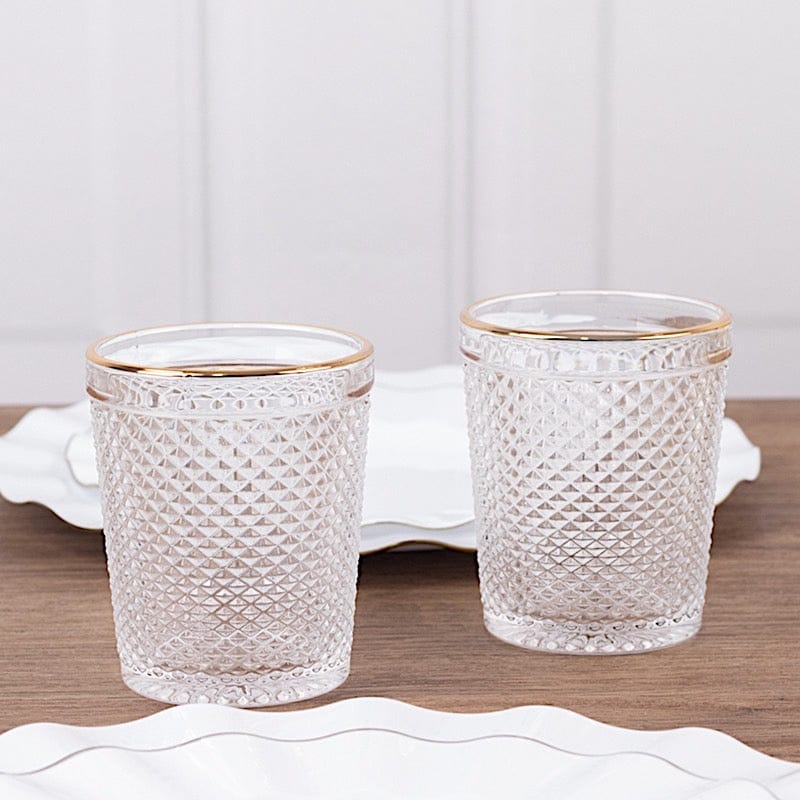 6 pack 11 oz Clear Tumbler Glasses Hobnail Design with Gold Rim