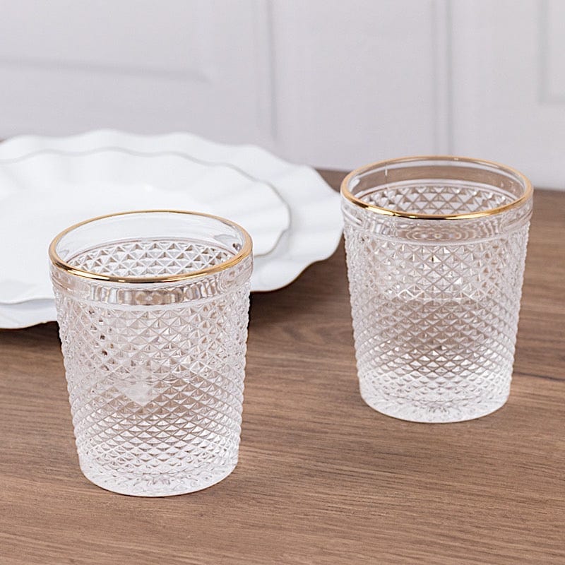 6 pack 11 oz Clear Tumbler Glasses Hobnail Design with Gold Rim