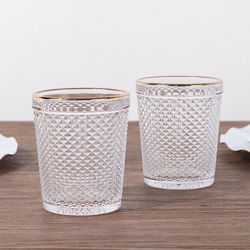 6 pack 11 oz Clear Tumbler Glasses Hobnail Design with Gold Rim