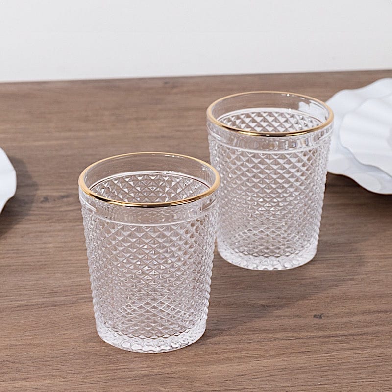 6 pack 11 oz Clear Tumbler Glasses Hobnail Design with Gold Rim