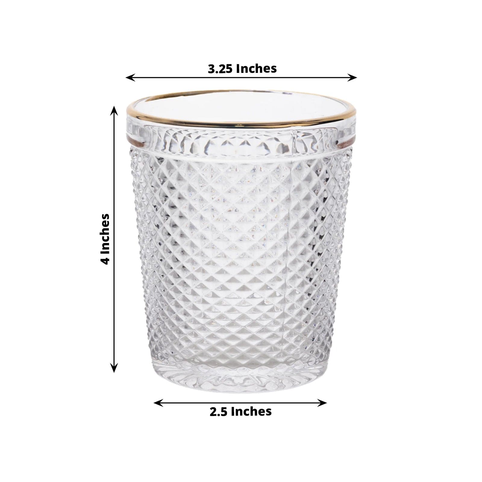 6 pack 11 oz Clear Tumbler Glasses Hobnail Design with Gold Rim