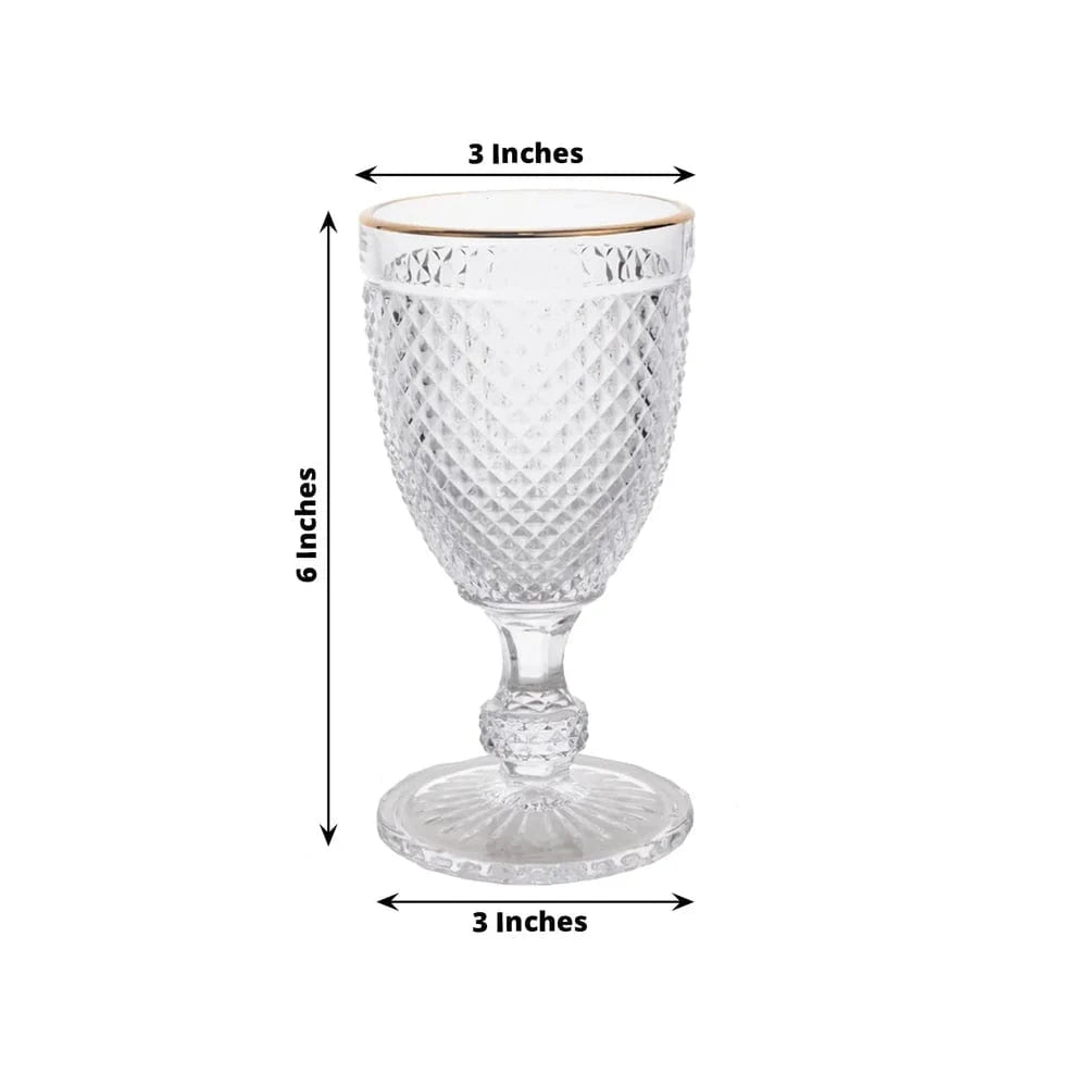 6 pack 8 oz Clear Glass Wine Goblets Gold Rim and Embossed Diamond Pattern