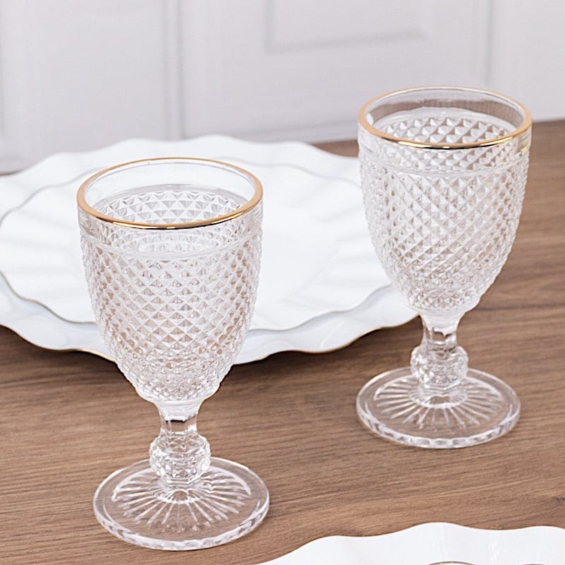 6 pack 8 oz Clear Glass Wine Goblets Gold Rim and Embossed Diamond Pattern