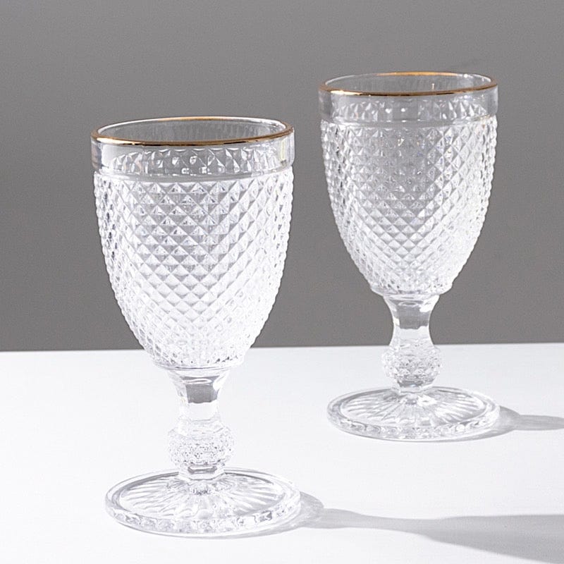 6 pack 8 oz Clear Glass Wine Goblets Gold Rim and Embossed Diamond Pattern