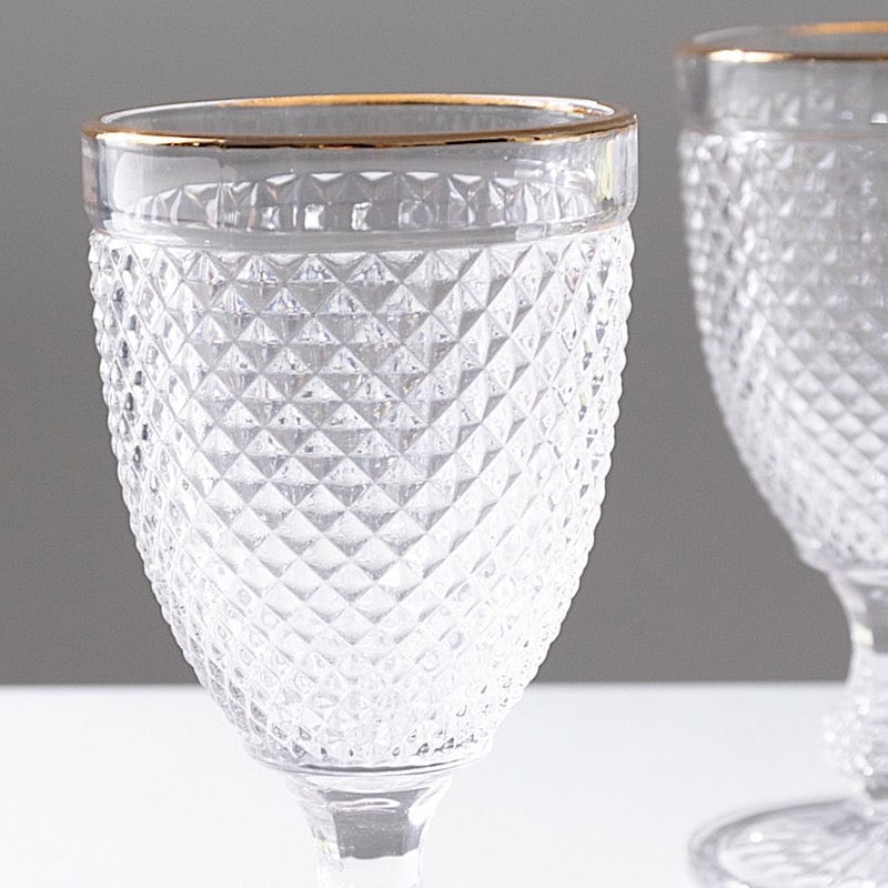 6 pack 8 oz Clear Glass Wine Goblets Gold Rim and Embossed Diamond Pattern