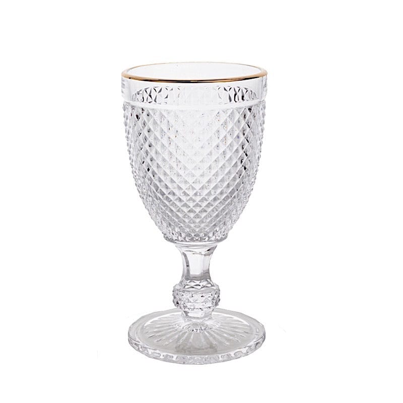 6 pack 8 oz Clear Glass Wine Goblets Gold Rim and Embossed Diamond Pattern