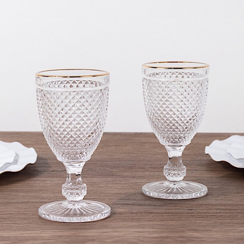 6 pack 8 oz Clear Glass Wine Goblets Gold Rim and Embossed Diamond Pattern