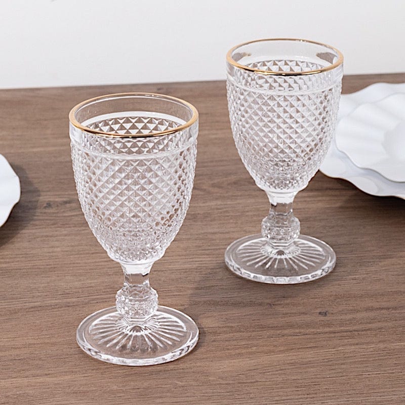6 pack 8 oz Clear Glass Wine Goblets Gold Rim and Embossed Diamond Pattern