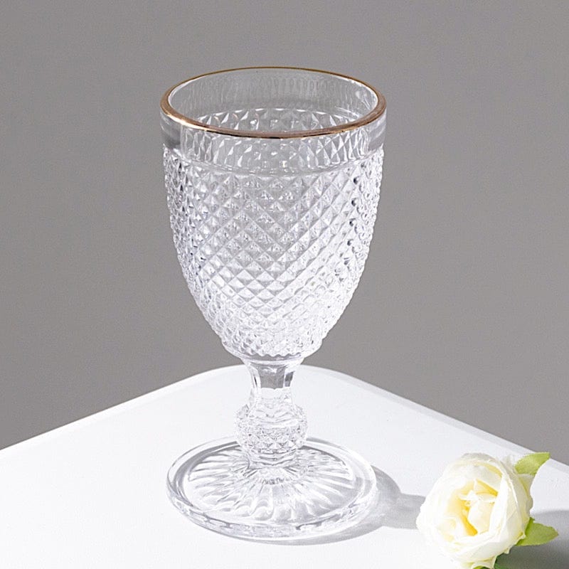 6 pack 8 oz Clear Glass Wine Goblets Gold Rim and Embossed Diamond Pattern