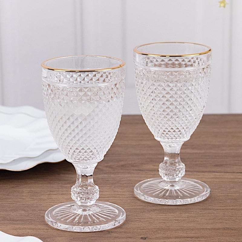 6 pack 8 oz Clear Glass Wine Goblets Gold Rim and Embossed Diamond Pattern