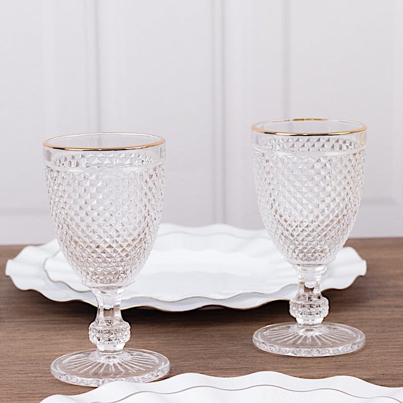 6 pack 8 oz Clear Glass Wine Goblets Gold Rim and Embossed Diamond Pattern