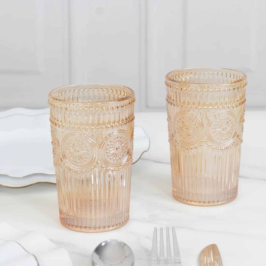6 Round 13 oz Glass Tumblers with Vintage Floral Embossed Pattern