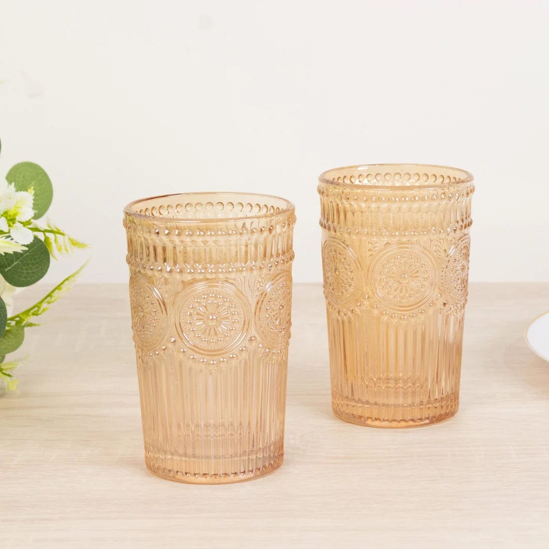 6 Round 13 oz Glass Tumblers with Vintage Floral Embossed Pattern