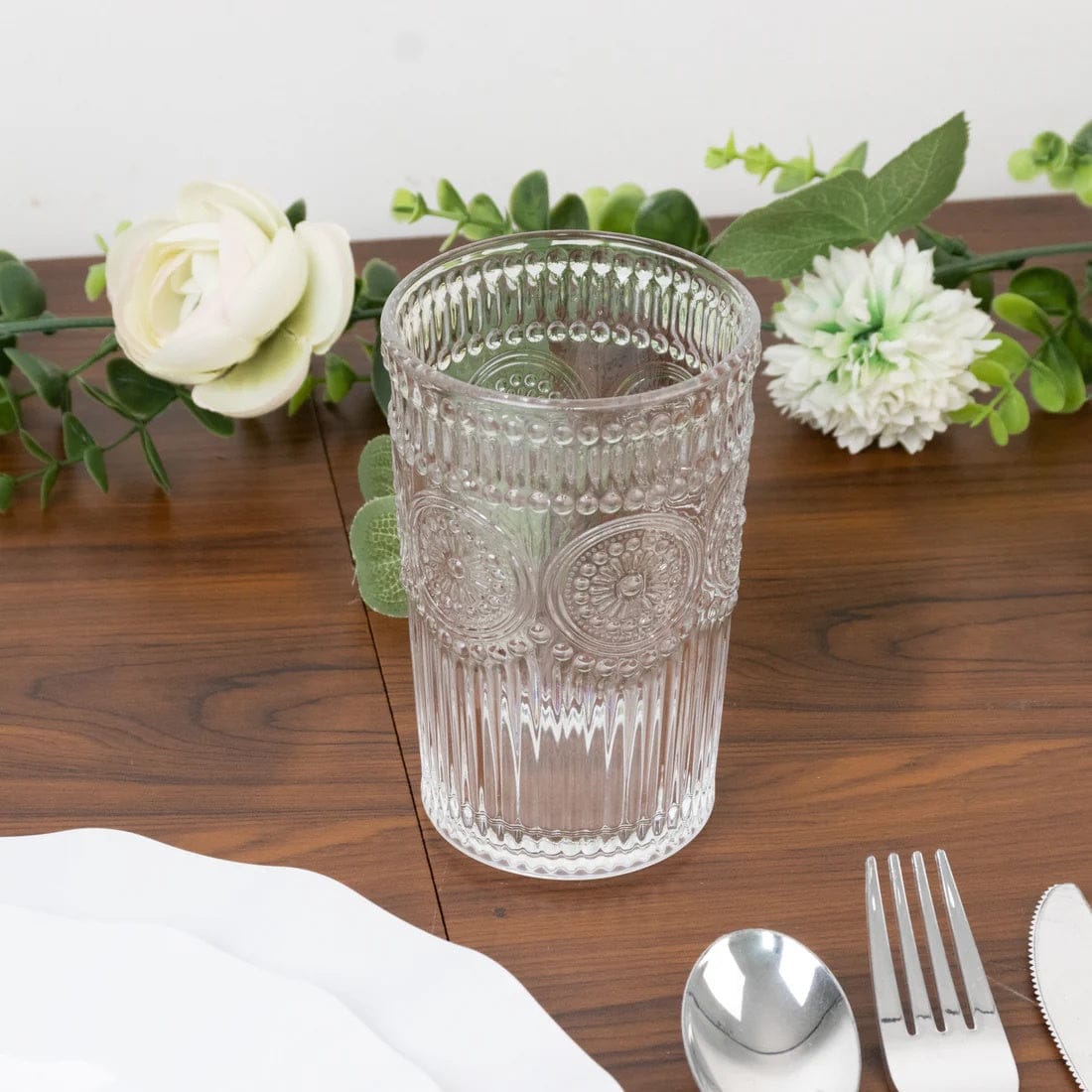 6 Round 13 oz Glass Tumblers with Vintage Floral Embossed Pattern
