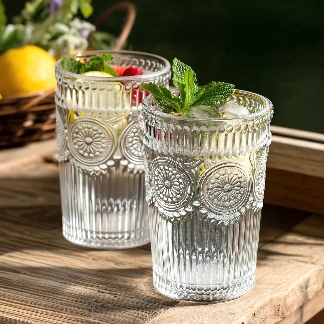 6 Round 13 oz Glass Tumblers with Vintage Floral Embossed Pattern