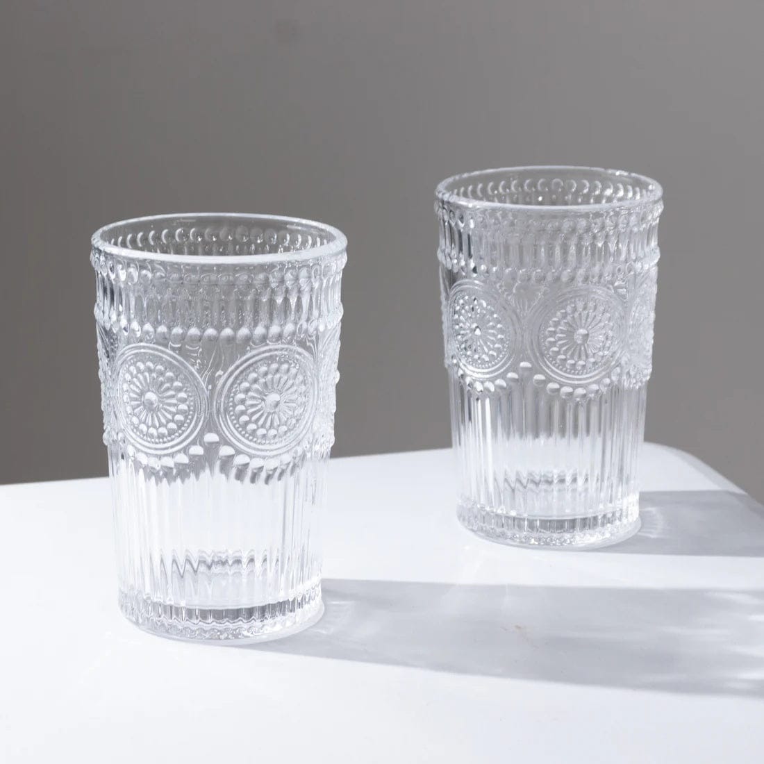 6 Round 13 oz Glass Tumblers with Vintage Floral Embossed Pattern