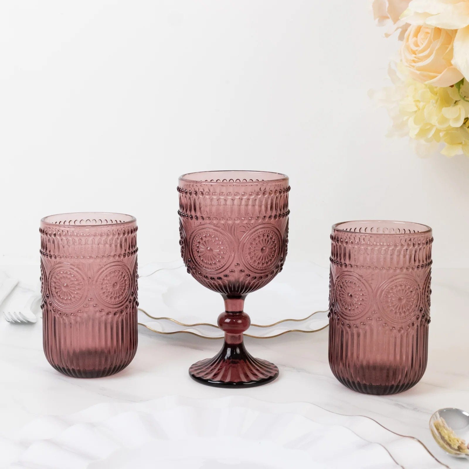 6 Round 14 oz Glass Tumblers with Vintage Floral Embossed Pattern