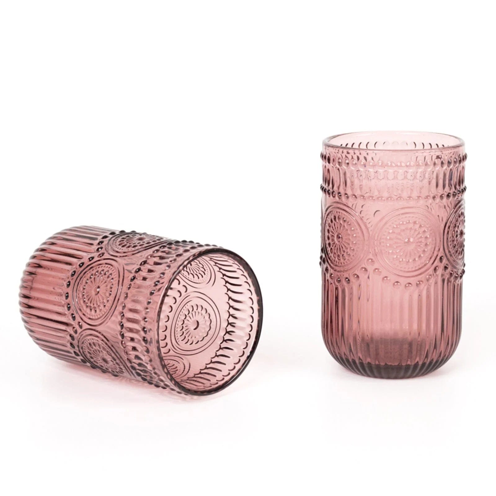 6 Round 14 oz Glass Tumblers with Vintage Floral Embossed Pattern