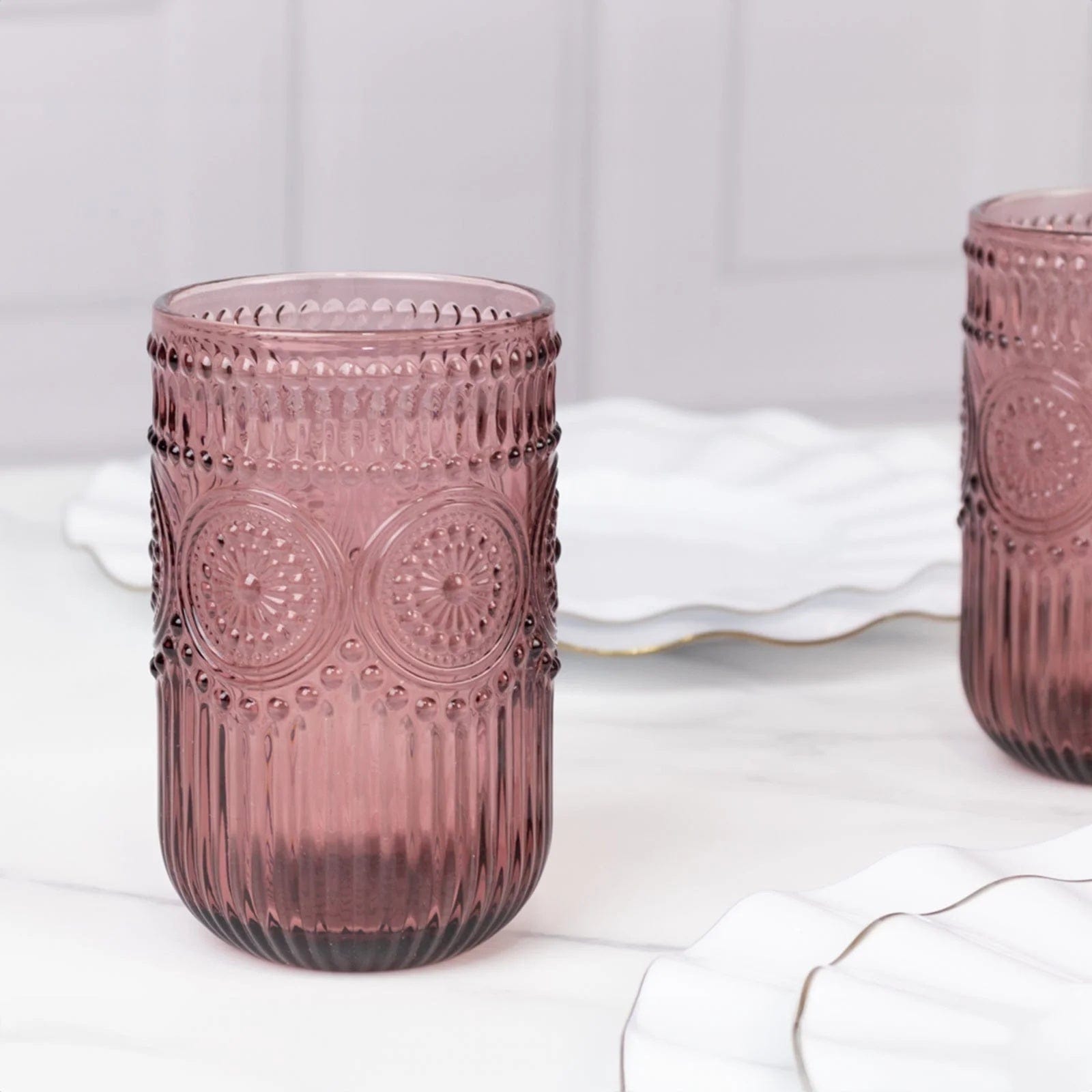 6 Round 14 oz Glass Tumblers with Vintage Floral Embossed Pattern