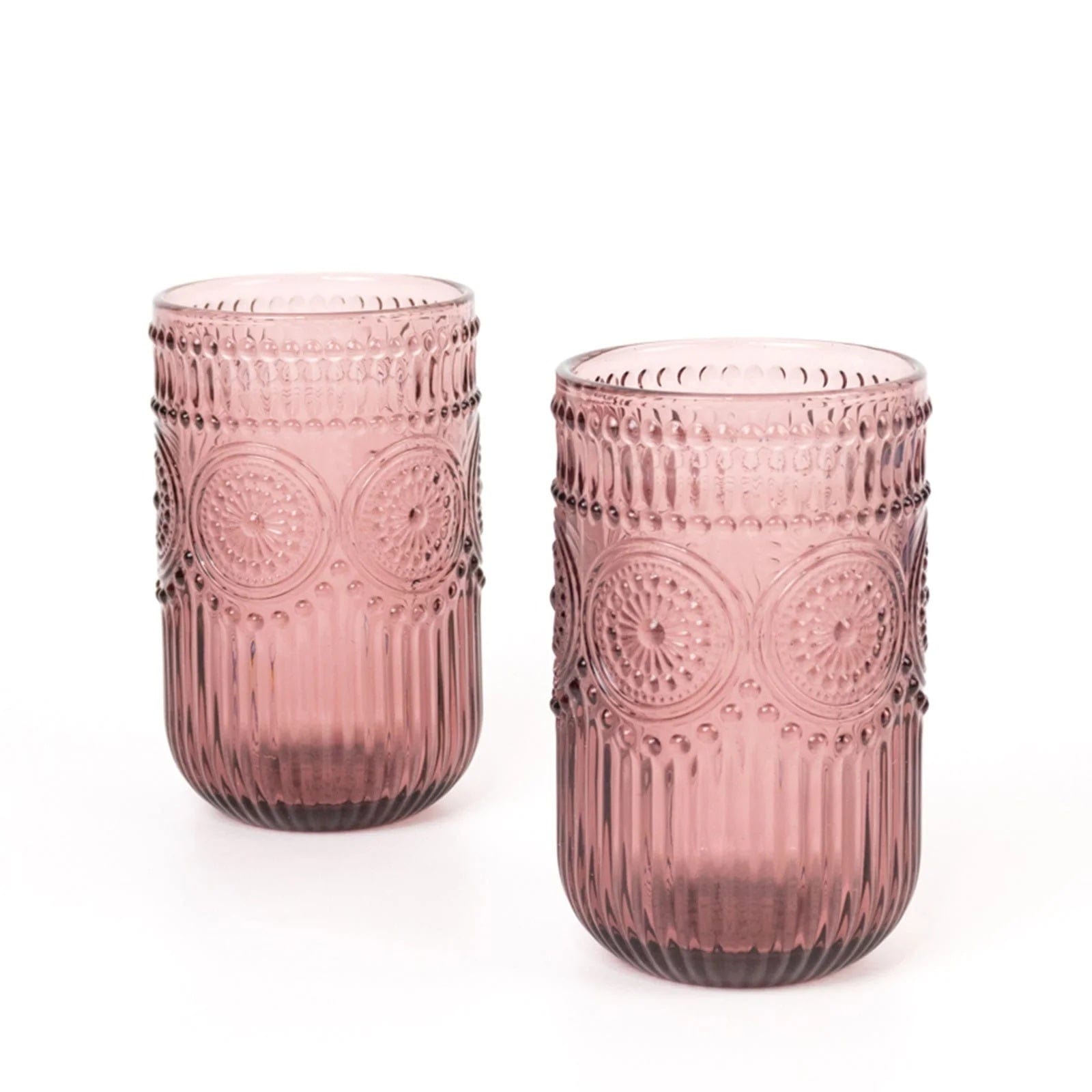 6 Round 14 oz Glass Tumblers with Vintage Floral Embossed Pattern