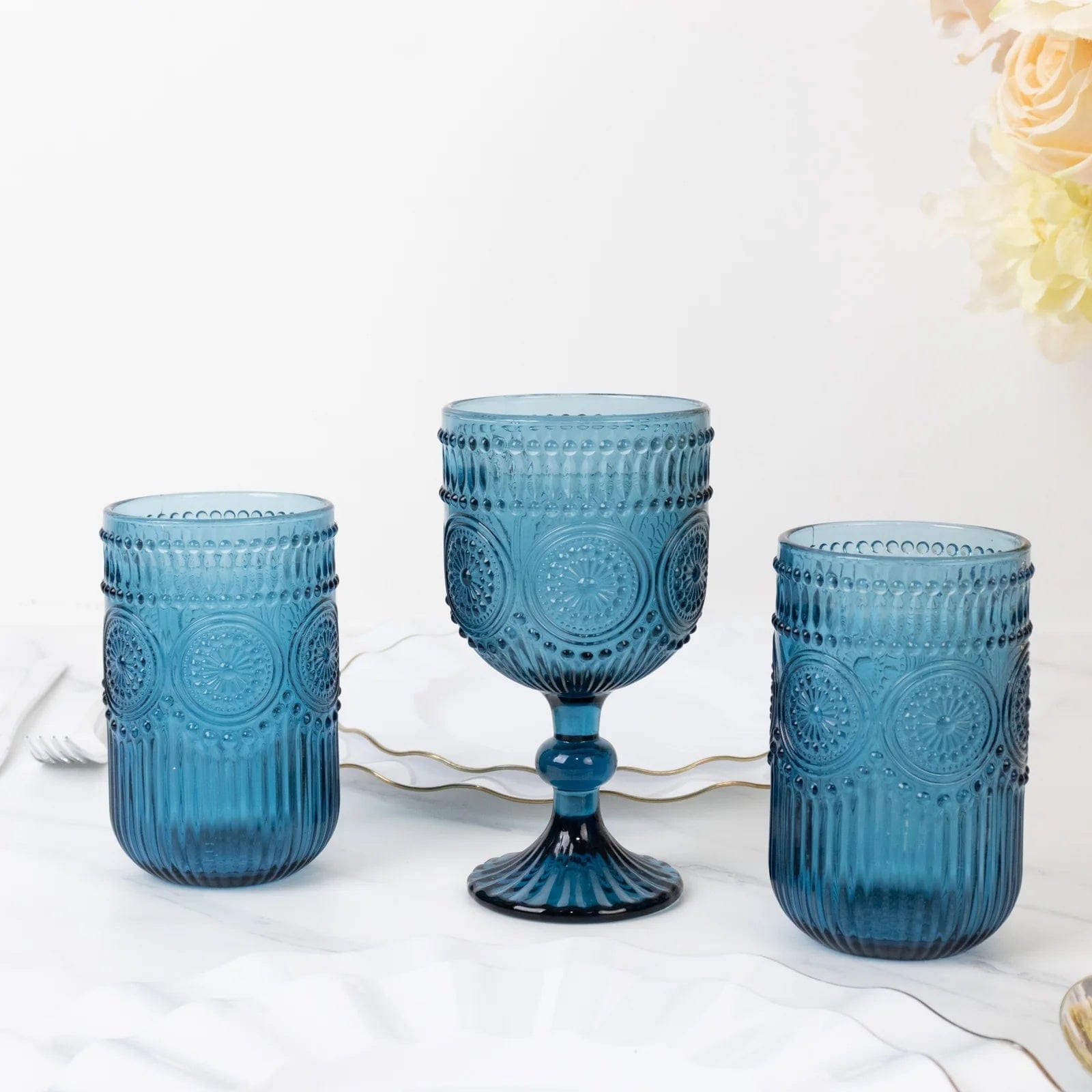 6 Round 14 oz Glass Tumblers with Vintage Floral Embossed Pattern