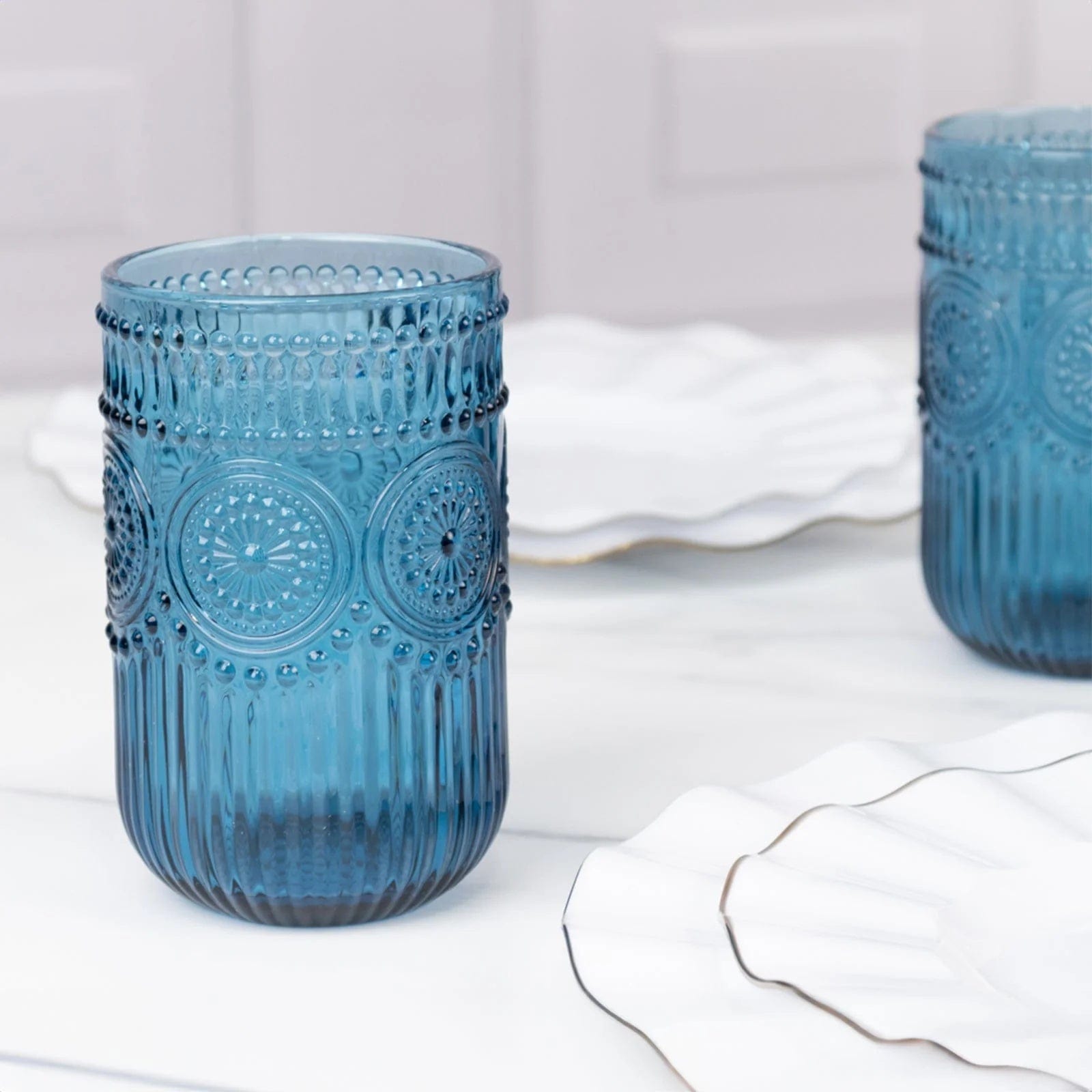 6 Round 14 oz Glass Tumblers with Vintage Floral Embossed Pattern