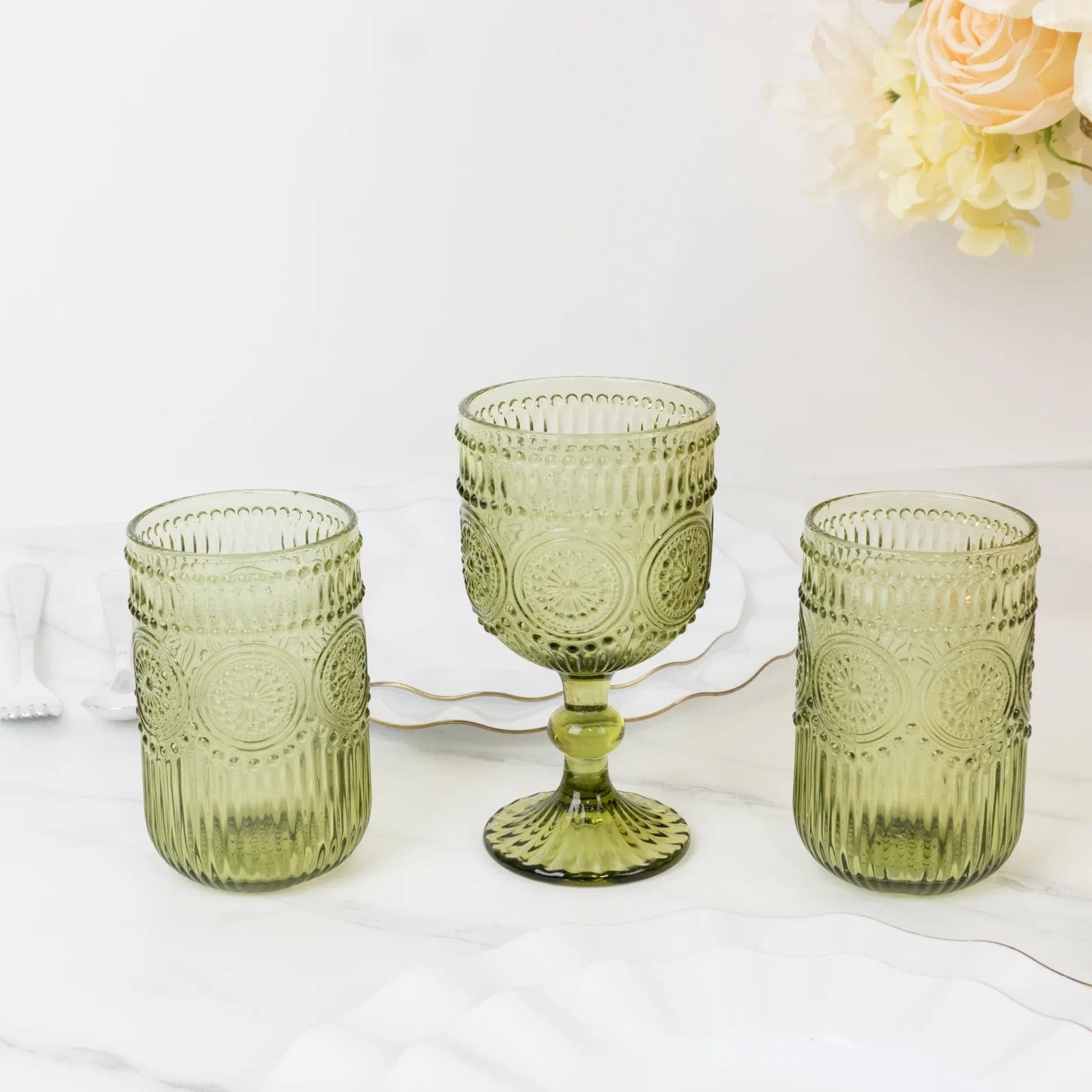 6 Round 14 oz Glass Tumblers with Vintage Floral Embossed Pattern