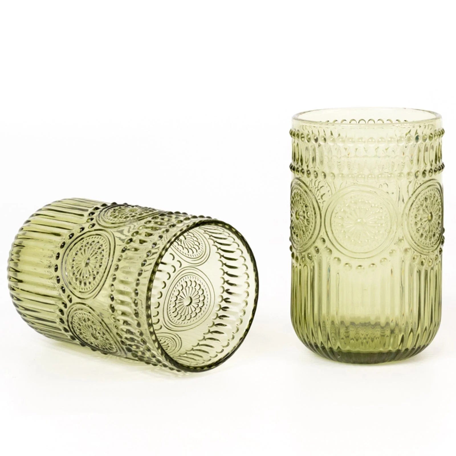 6 Round 14 oz Glass Tumblers with Vintage Floral Embossed Pattern