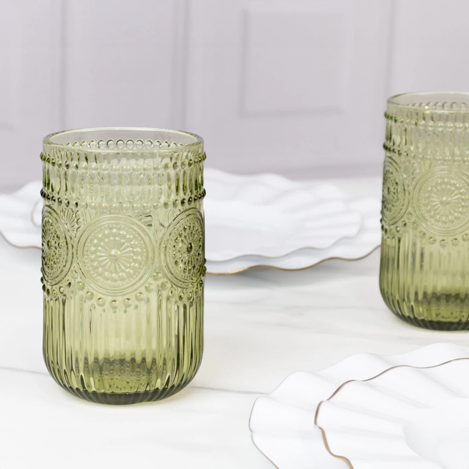 6 Round 14 oz Glass Tumblers with Vintage Floral Embossed Pattern