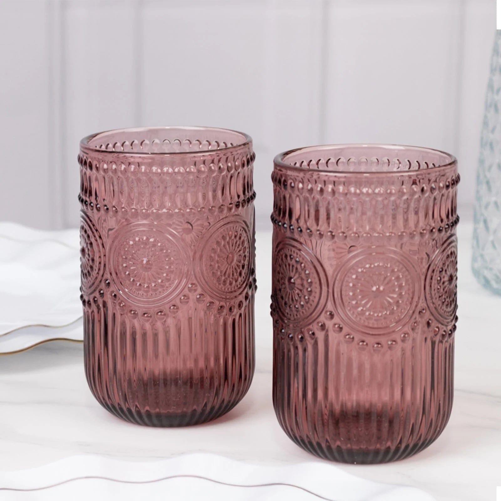 6 Round 14 oz Glass Tumblers with Vintage Floral Embossed Pattern