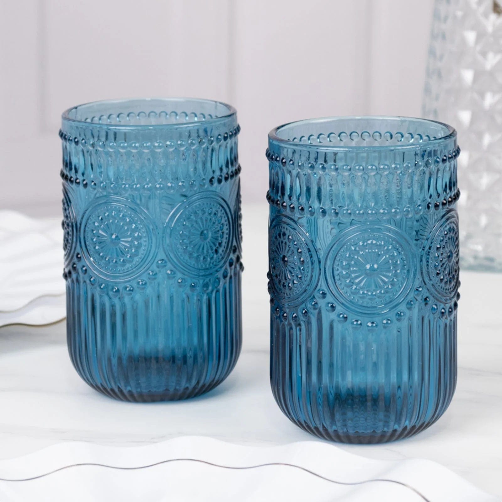 6 Round 14 oz Glass Tumblers with Vintage Floral Embossed Pattern