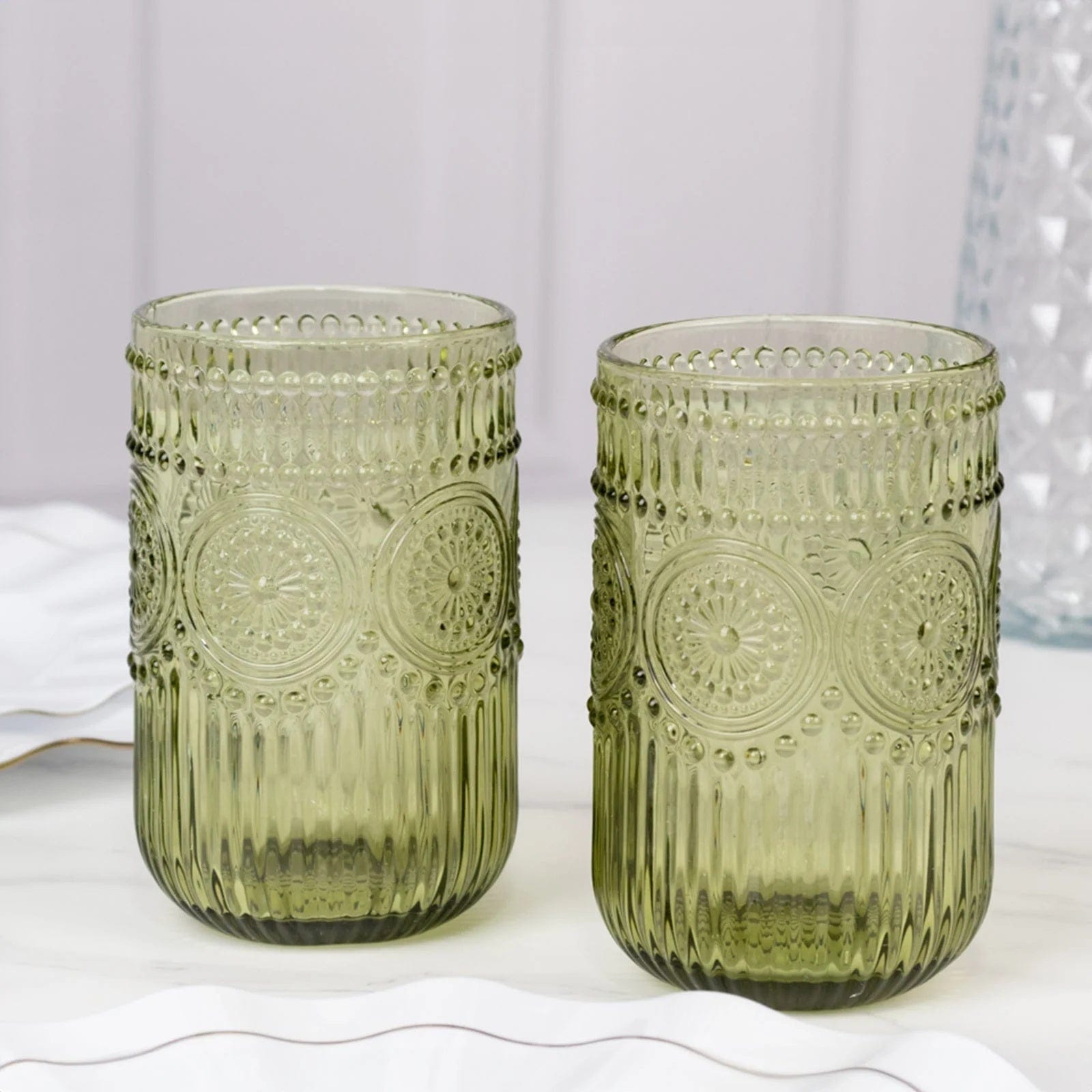 6 Round 14 oz Glass Tumblers with Vintage Floral Embossed Pattern