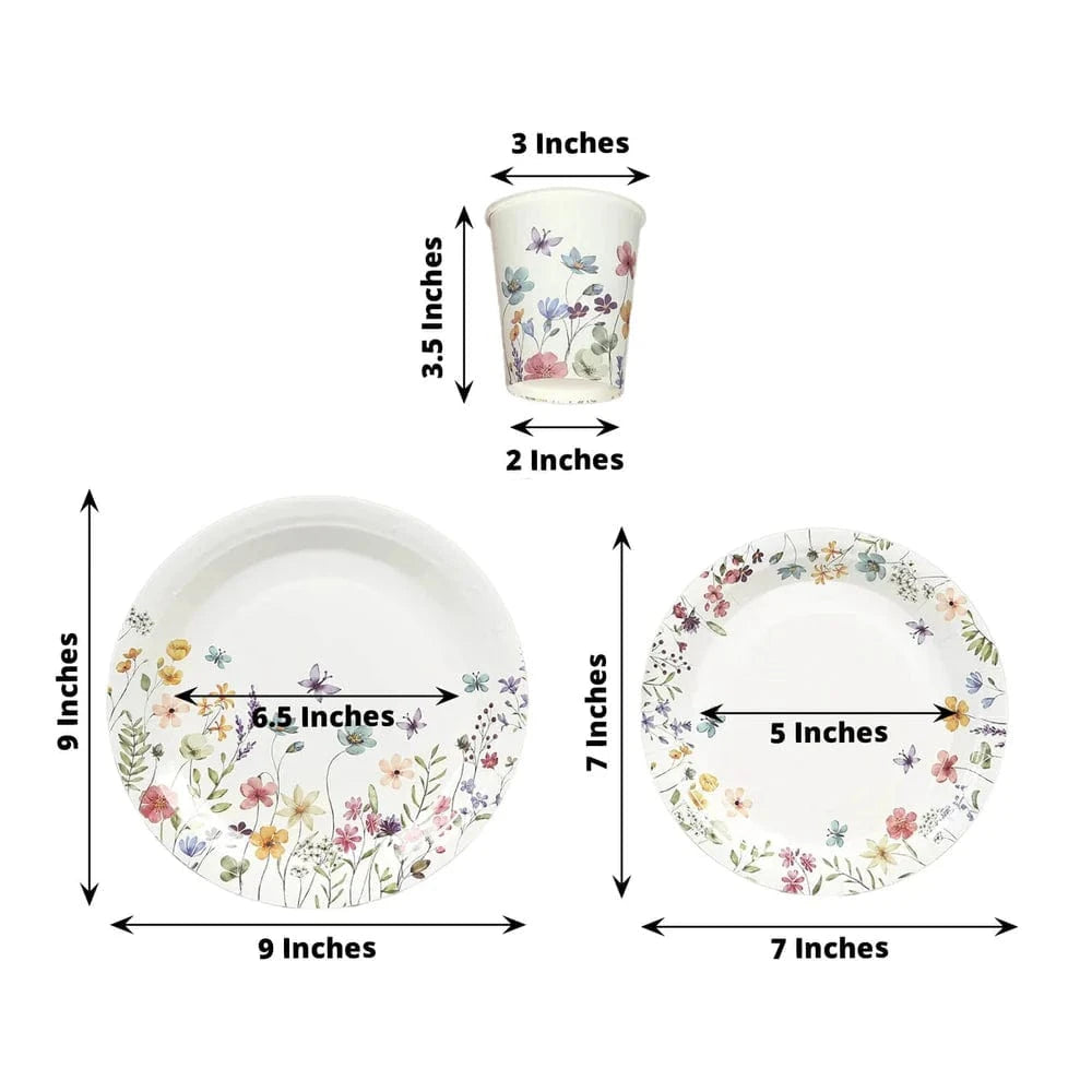 72 Wildflower Butterfly Design on White Paper Plates and Cups Set