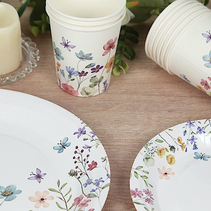 72 Wildflower Butterfly Design on White Paper Plates and Cups Set