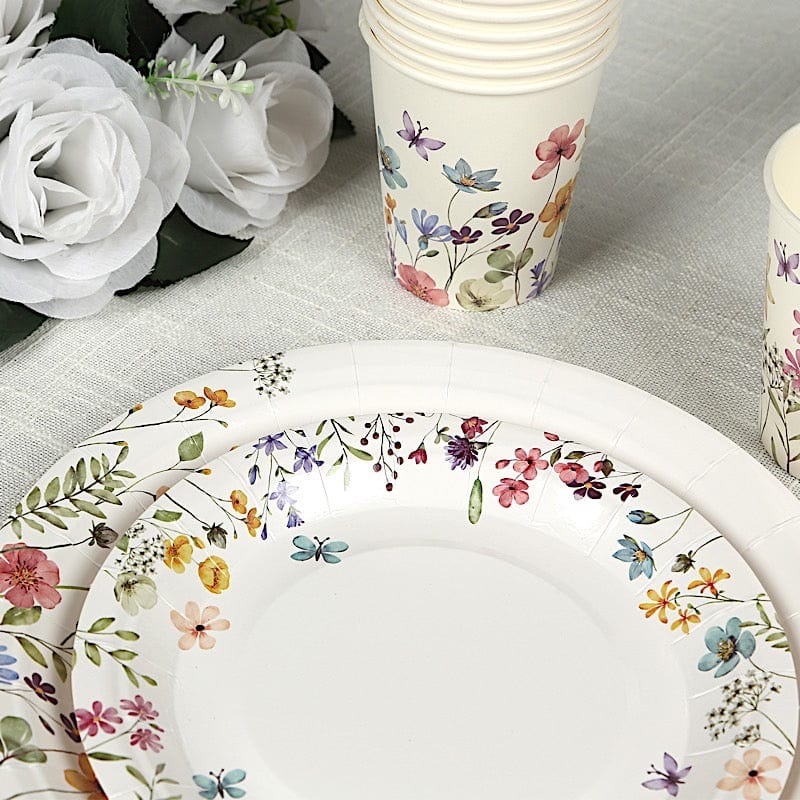 72 Wildflower Butterfly Design on White Paper Plates and Cups Set