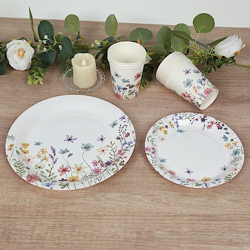 72 Wildflower Butterfly Design on White Paper Plates and Cups Set