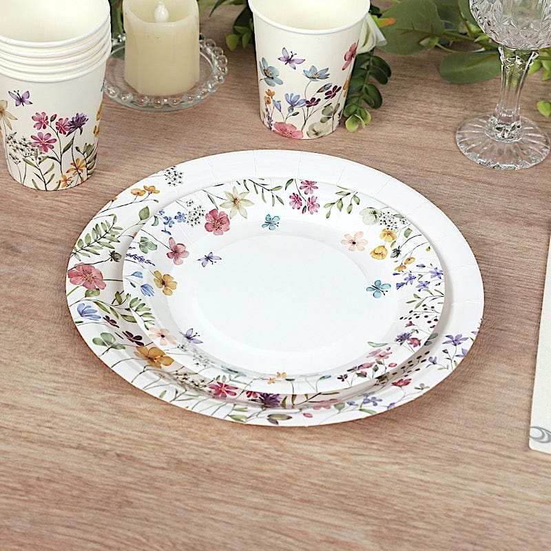 72 Wildflower Butterfly Design on White Paper Plates and Cups Set