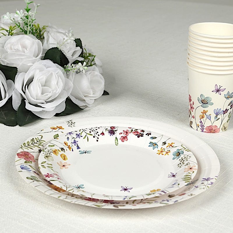 72 Wildflower Butterfly Design on White Paper Plates and Cups Set