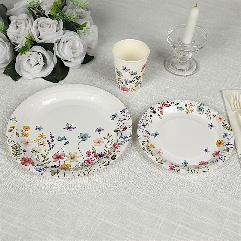 72 Wildflower Butterfly Design on White Paper Plates and Cups Set