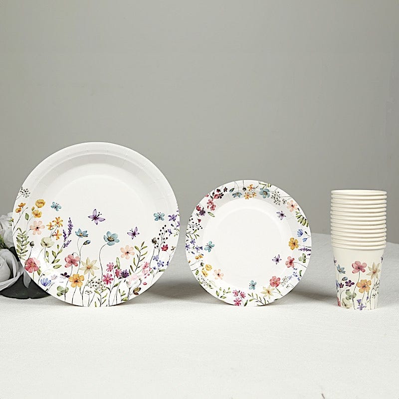 72 Wildflower Butterfly Design on White Paper Plates and Cups Set