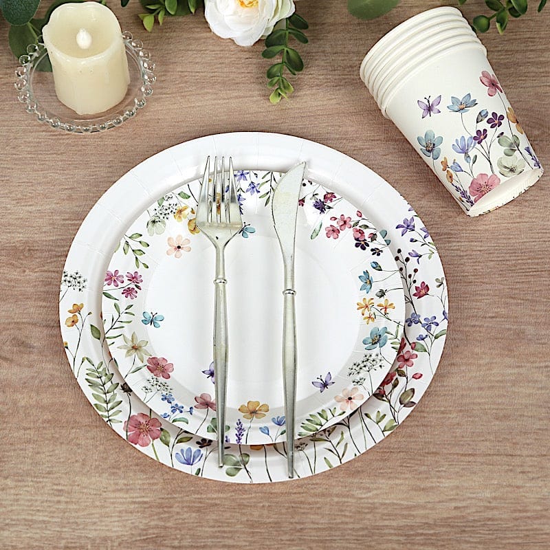 72 Wildflower Butterfly Design on White Paper Plates and Cups Set