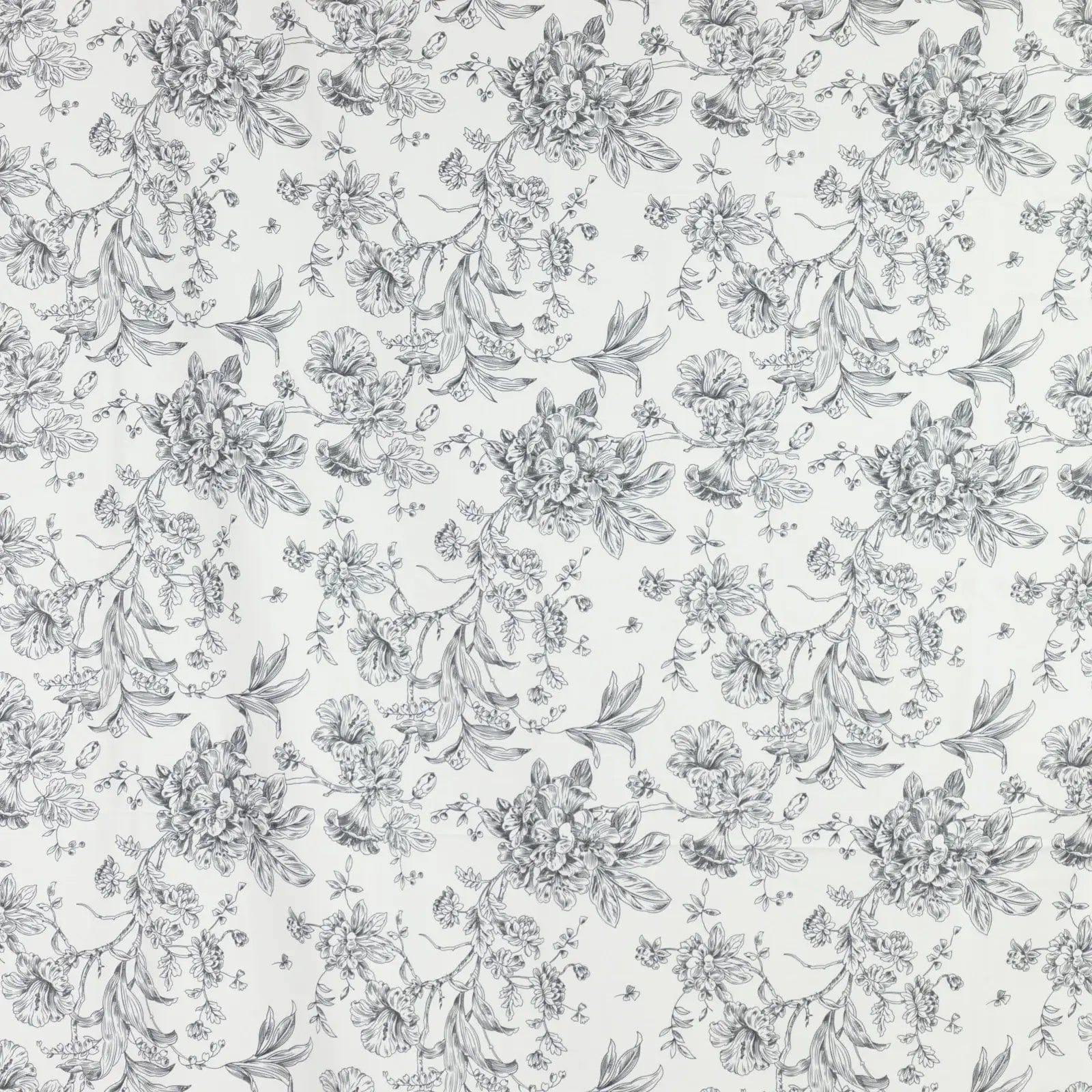 White Polyester Drapery Backdrop Curtain with French Toile Floral Pattern and Rod Pockets