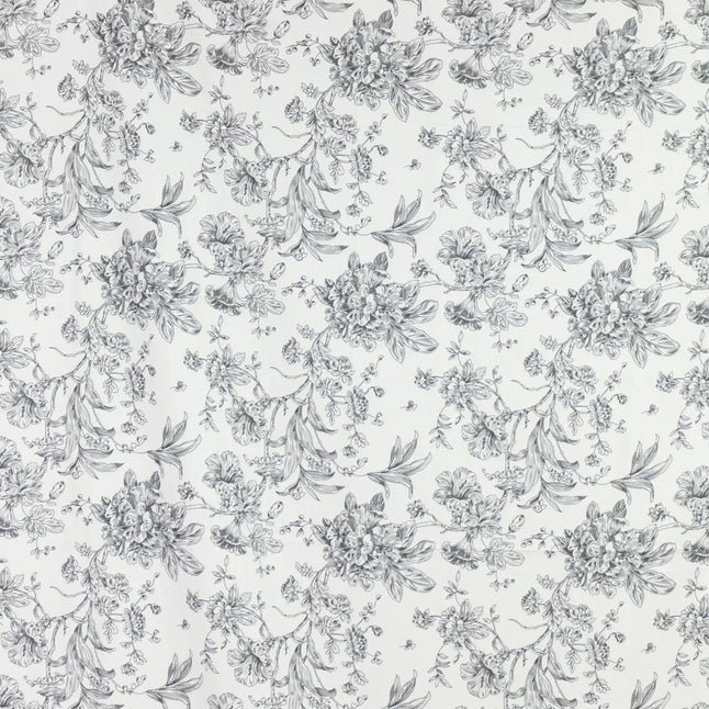 White Polyester Drapery Backdrop Curtain with French Toile Floral Pattern and Rod Pockets