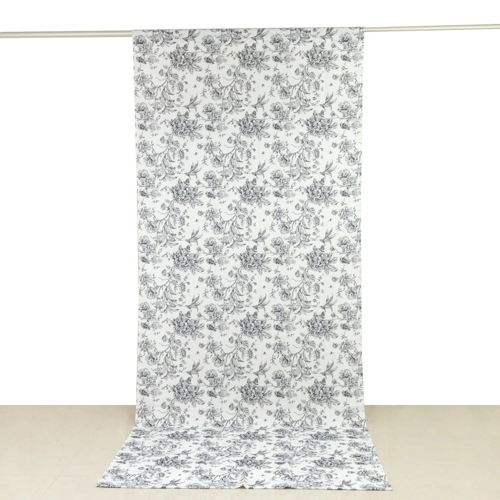 White Polyester Drapery Backdrop Curtain with French Toile Floral Pattern and Rod Pockets