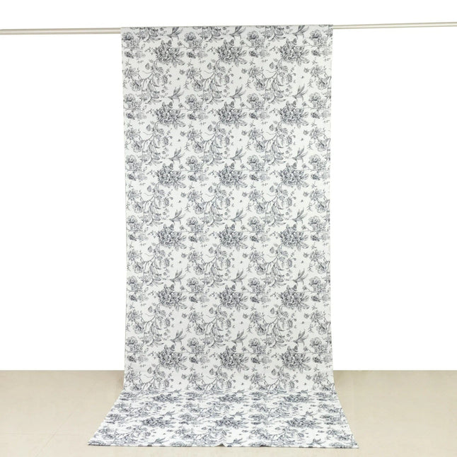 White Polyester Drapery Backdrop Curtain with French Toile Floral Pattern and Rod Pockets