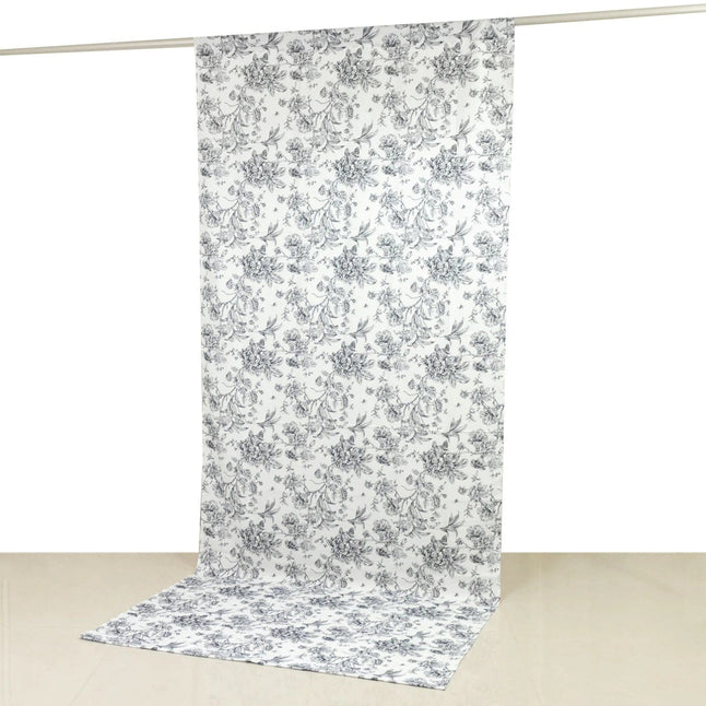 White Polyester Drapery Backdrop Curtain with French Toile Floral Pattern and Rod Pockets