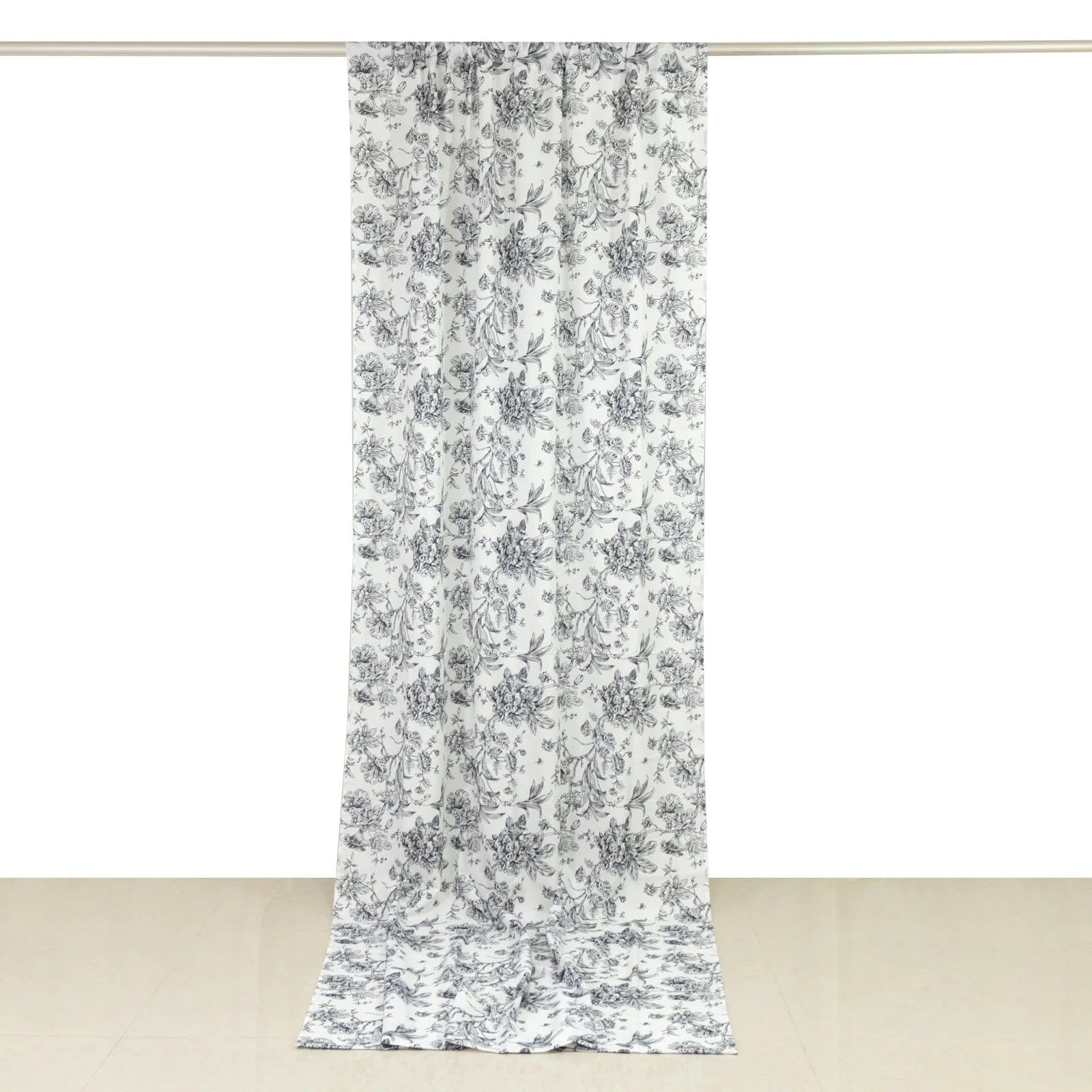 White Polyester Drapery Backdrop Curtain with French Toile Floral Pattern and Rod Pockets