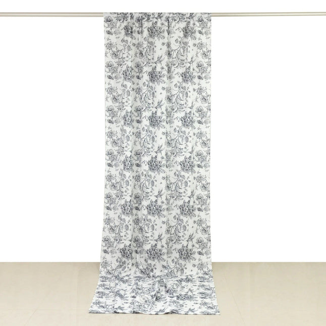 White Polyester Drapery Backdrop Curtain with French Toile Floral Pattern and Rod Pockets