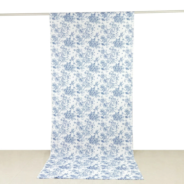 White Polyester Drapery Backdrop Curtain with French Toile Floral Pattern and Rod Pockets
