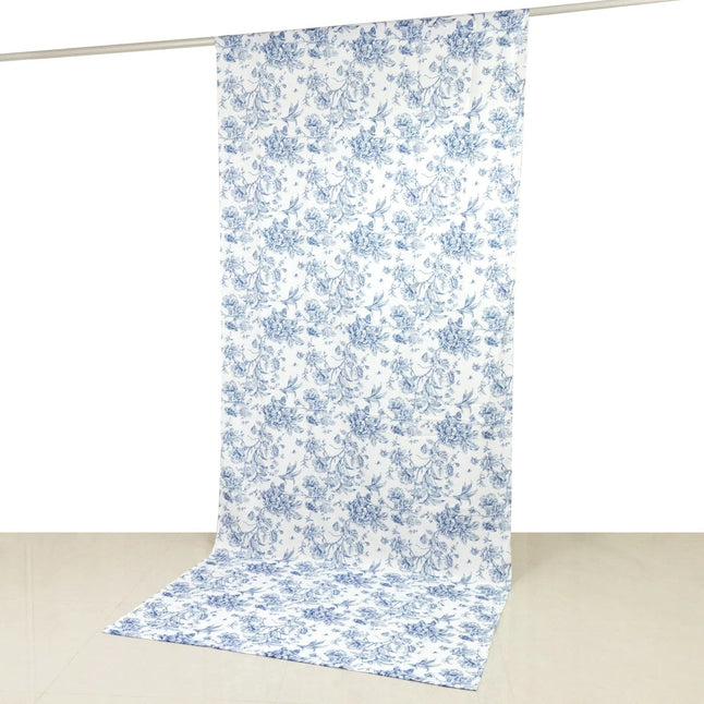 White Polyester Drapery Backdrop Curtain with French Toile Floral Pattern and Rod Pockets